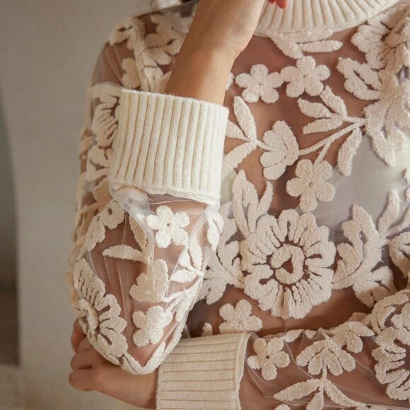 White Casual Women's Sexy Flower Jacquard Sheer Mesh Panel Sweater - Picture 7 of 7